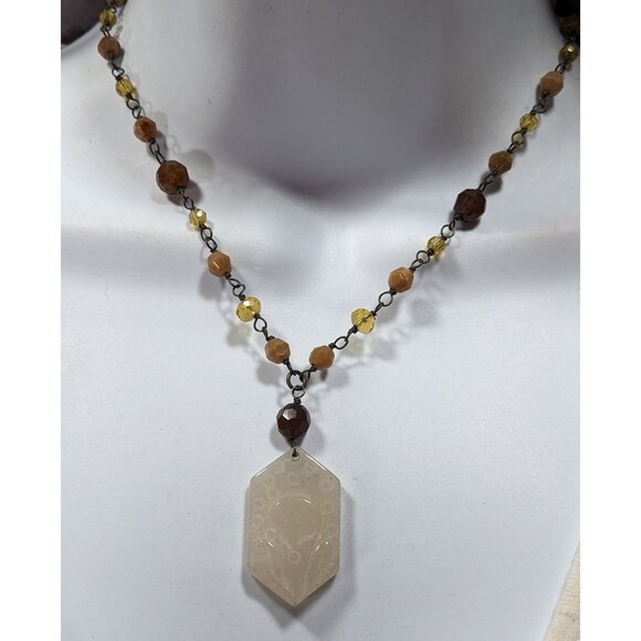 Vintage Carved Quartz Pendant Necklace With Beaded Chain - Picture 6 of 10